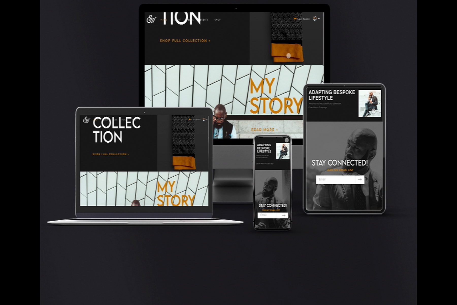 The storefront prototype on a desktop, a laptop, a tablet, and a phone at once