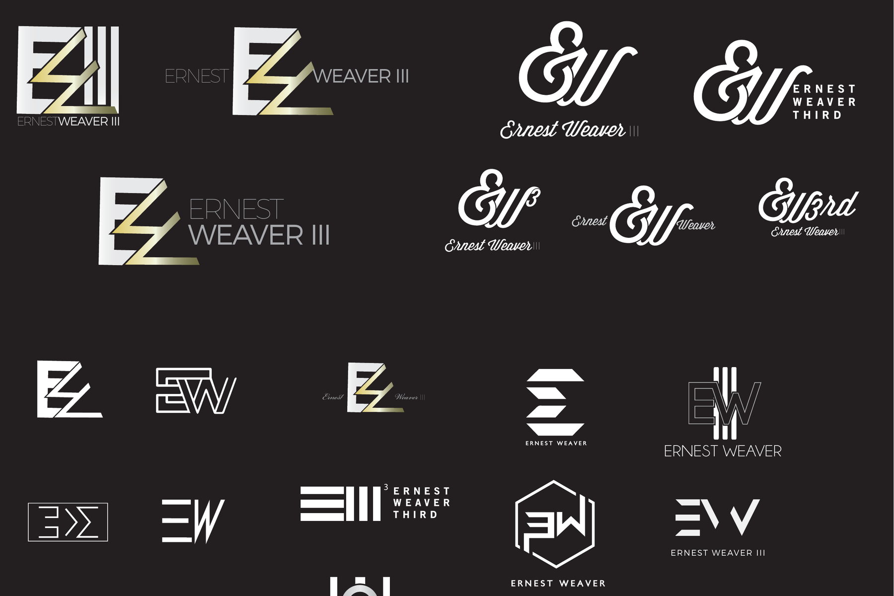 The exploration board: dozens of E and W monogram directions in white and gold on black